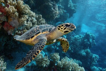 Hawksbill turtle swimming gracefully among coral reefs in a vibrant underwater habitat at midday