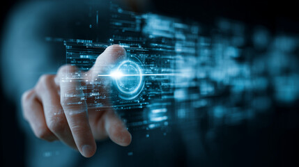 Hand touch digital hud interface futuristic technology background of virtual computer screen display ui future concept or cyber communication hologram and innovation internet system on vr cyberspace