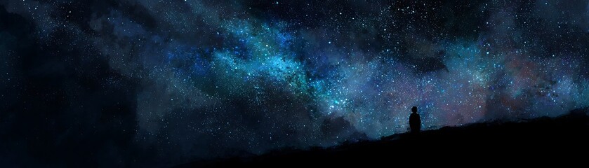 Obraz premium Solitary silhouette gazes up toward the brilliant expanse of the night sky.