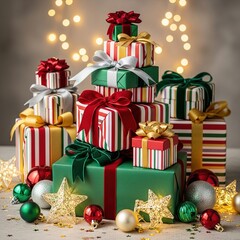 Beautiful Christmas Gift Boxes with Ribbons and Holiday Decorations