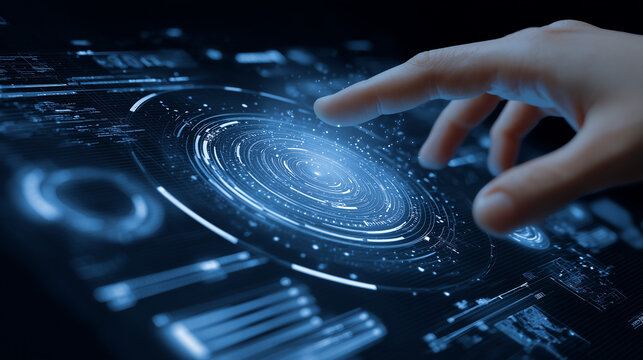 Hand touch digital hud interface futuristic technology background of virtual computer screen display ui future concept or cyber communication hologram and innovation internet system on vr cyberspace 