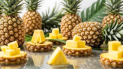 Delicious and refreshing pineapples, expertly cut and beautifully presented, showcasing their vibrant golden flesh and tropical allure