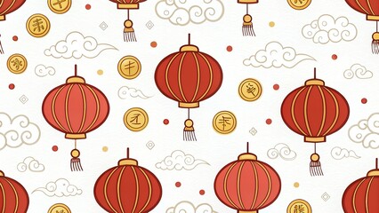 Seamless Lantern and Gold Coin Pattern in Clean Chinese New Year Vector Style