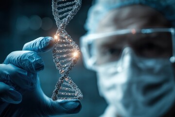 Scientist examines DNA strand in laboratory, focused on genetic research and discoveries for biomedical advancements