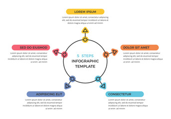 Linear circular process infographic with five colorful steps with arrows