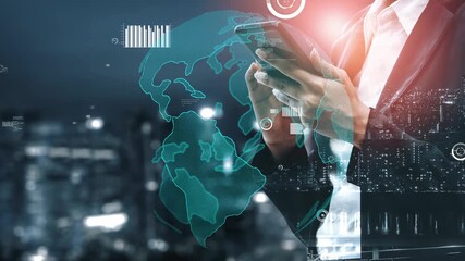 A business professional interacts with a smartphone while surrounded by digital data visuals and a global map, encapsulating technology role in modern communication. Xenic - Powered by Adobe