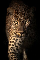 Obraz premium Intense portrait of a predatory feline moving forward from deep shadow