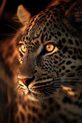 Fototapeta premium Intense close up portrait captures a wild feline illuminated by dramatic warm light
