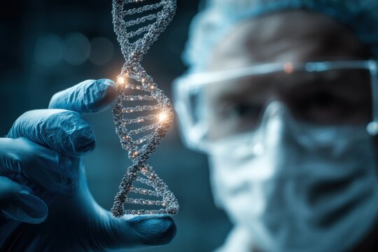 Scientist examines DNA strand in laboratory, focused on genetic research and discoveries for biomedical advancements