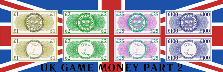 Vector set of England play money. Collection of vintage symmetrical banknotes of 1, 2, 25, 100 pounds. Retro imperial patterned notes. Royal crown and empty circle in center. Samples. Part 2