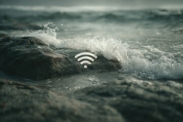 WiFi signal symbol blends with ocean waves at rocky shore during a calm morning, showcasing technology meeting nature in a serene setting