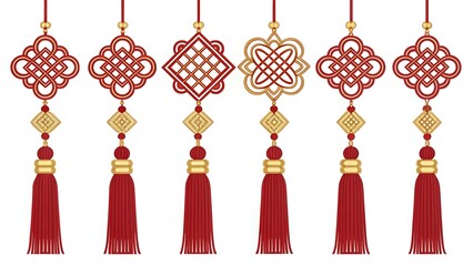 Chinese Knot and Tassel Seamless Pattern in Red and Gold, Traditional Vector Design