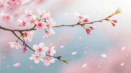 Cherry Blossom Branch with Falling Petals Background