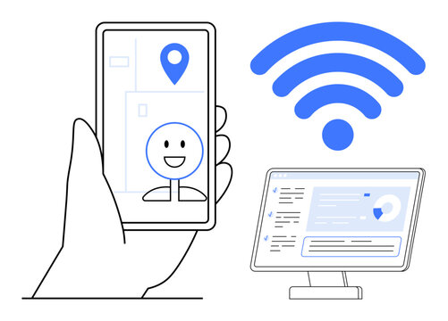 Smartphone displaying location icon and avatar, wireless symbol connecting to desktop with digital interface. Ideal for technology, connectivity, communication, navigation, data sharing, remote