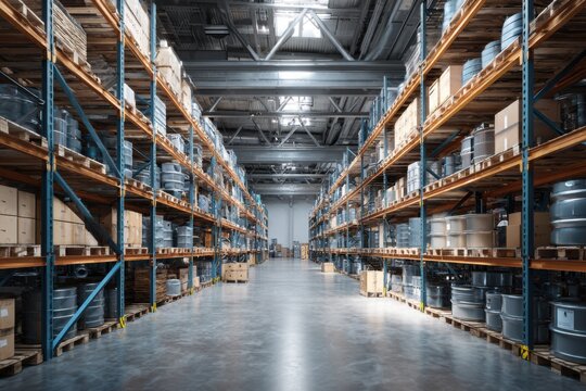 Efficiently organized auto parts warehouse showcasing neatly arranged shelves filled with various components in a spacious interior