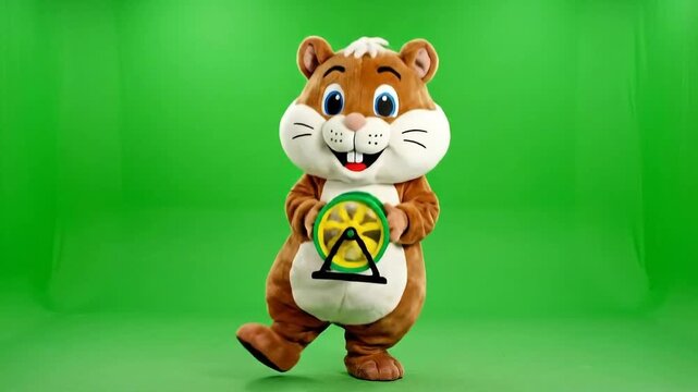 Furry brown hamster mascot character dancing with toy wheel on vibrant green screen studio background cheerful energetic motion playful animal costume