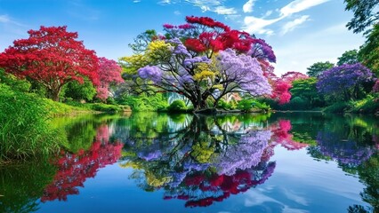 Vibrant Multicolored Tree Reflected in Crystal-Clear Lake Landscape