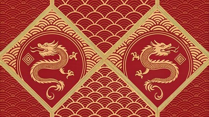 Dragon and Wave Paper-Cut Seamless Pattern in Red and Gold