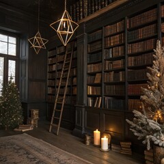 Obraz premium Cozy christmas library with towering bookshelves and warm candlelight