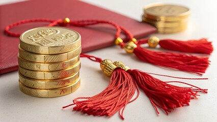 Gold Coins with Red Tassels Macro Still Life
