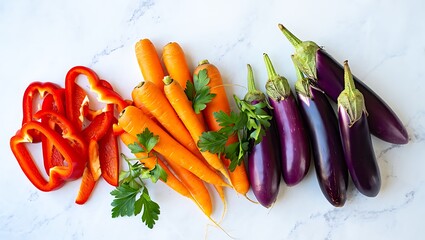 Colorful vegetables on marble counter red bell pepper carrots eggplants