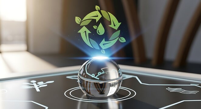 Futuristic holographic projection of green leaves and recycling symbol emanating from a metallic egg