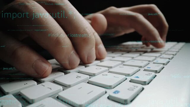 A close-up view showcases a hand typing on a laptop keyboard surrounded by code and data visualizations, emphasizing technology and programming in a modern workspace. Xenic