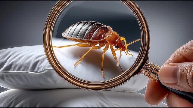 Close-up of hand holding magnifying glass inspecting bed bug on pillow, concept of infestation, pest control, and hygiene concerns