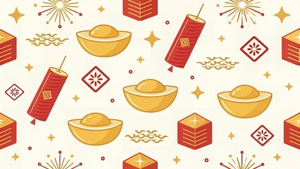 Gold Ingot and Firecracker Repeat Pattern, Clean Vector Design