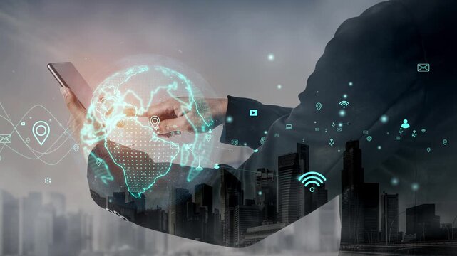 A businessman interacts with a smartphone, showcasing a digital globe and network connections in a modern urban landscape, symbolizing communication and technological advancement. Xenic - Powered by Adobe