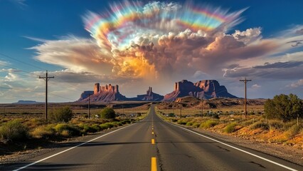 Surreal Desert Highway with Dramatic Colorful Cloud Explosion in the Sky
