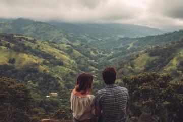 Obraz premium Young Latin Hispanic couple enjoys scenic view of lush green mountains while traveling together on a cloudy day in a beautiful destination