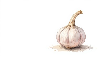 Fototapeta premium Fresh whole garlic bulb with a visible stem illustrated in a watercolor style resting on a clean white background