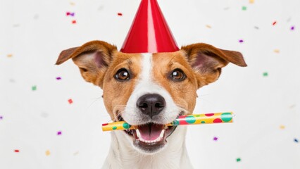 A joyful dog wearing a party hat, holding a colorful party blowout, surrounded by confetti, celebrating a festive occasion.