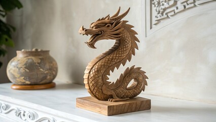 Handcrafted Wood Dragon Sculpture Isolated on Clean Background
