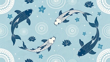 Koi Fish Repeat Pattern with Water Rings, Clean Blue Vector Design