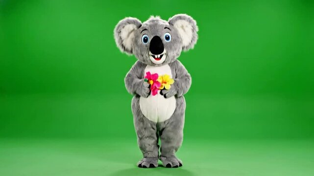 Joyful Grey Koala Mascot Character Dancing Enthusiastically with Bright Flowers Against a Vibrant Green Screen Background Full Body Shot