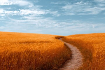 Golden wheat field stretches peacefully under a serene sky with gentle winds near a winding dirt path during the early hours of a sunny day
