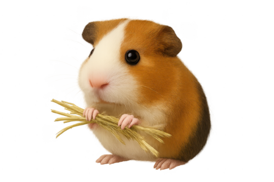 Guinea pig holding hay on transparent background