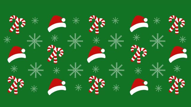 Festive Christmas pattern with santa hats candy canes and snowflakes on green background.
