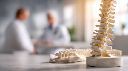 Orthopedic specialist explaining spinal health to patient with high-detail spine model on the table in a clean minimalistic exam room