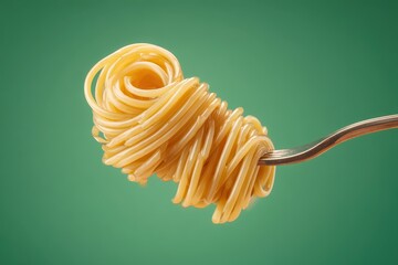 Delicious spaghetti twirled on a fork against a vibrant green background showcasing a simple yet appetizing dining experience