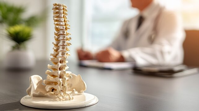 Orthopedic specialist explaining spinal health to patient with high-detail spine model on the table in a clean minimalistic exam room