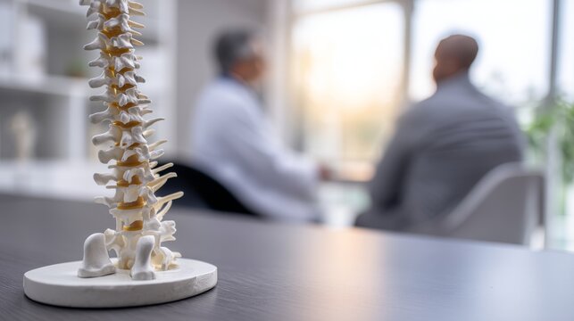 Orthopedic specialist explaining spinal health to patient with high-detail spine model on the table in a clean minimalistic exam room