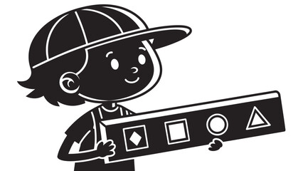 Cheerful young builder holding level with shape cutouts, perfect for educational content and children's books