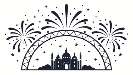 Celebrate with an elegant building silhouette and fireworks, a modern festive design perfect for holidays