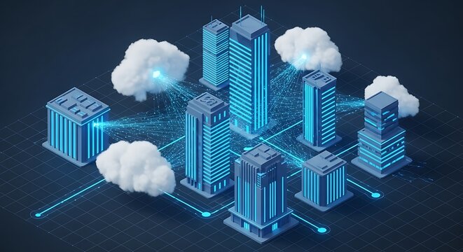 Futuristic glowing blue skyscrapers connected by digital network lines and clouds