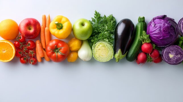 Fresh colorful vegetables and fruits neatly arranged on a clean white kitchen surface with soft natural light, conveying wellness, nutrition, and healthy lifestyle - Powered by Adobe