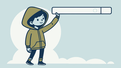Playful cartoon kid holding search bar for creative project or educational illustration with copy space