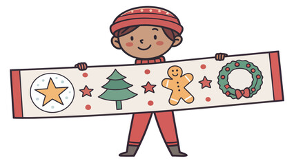 Festive winter cheer a young boy shares seasonal joy with a holiday banner of Christmas icons and symbols